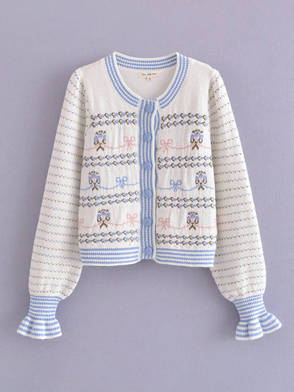 Cardigans- Lantern Sleeves & Bow Knit Button-Up Cozy Cardigan Sweater- White- Pekosa Women Clothing