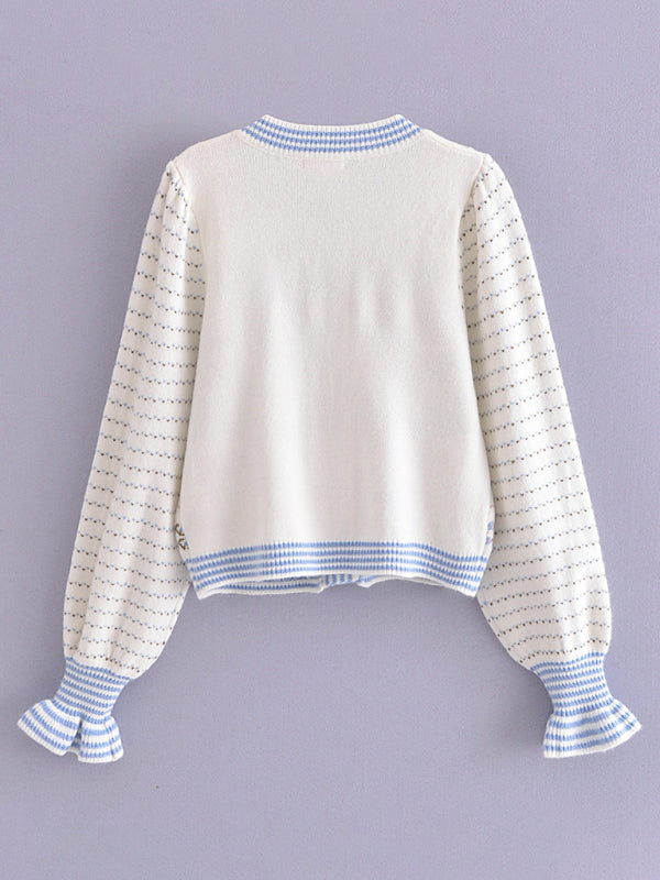 Cardigans- Lantern Sleeves & Bow Knit Button-Up Cozy Cardigan Sweater- - Pekosa Women Clothing