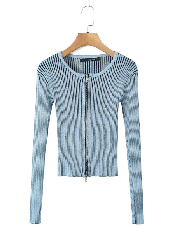 Cardigans- Retro Rib-Knit Double Zip-Up Cardigan- - Pekosa Women Clothing