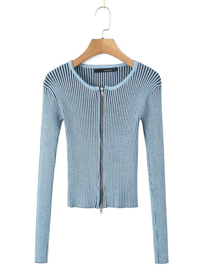 Cardigans- Retro Rib-Knit Double Zip-Up Cardigan- - Pekosa Women Clothing