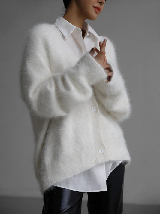 Cardigans- Soft Fluffy Cardigan | Winter Fuzzy Button-Up Sweater- White- Pekosa Women Clothing