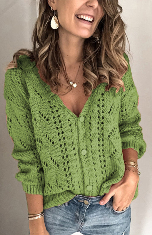 Cardigans- Solid Knitted Openwork Button Up Sweater Cardigan- Pale green- Pekosa Women Clothing