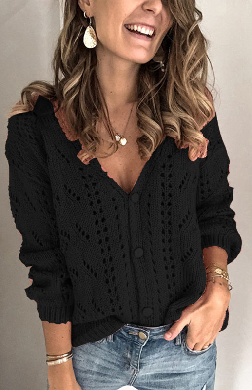 Cardigans- Solid Knitted Openwork Button Up Sweater Cardigan- Black- Pekosa Women Clothing