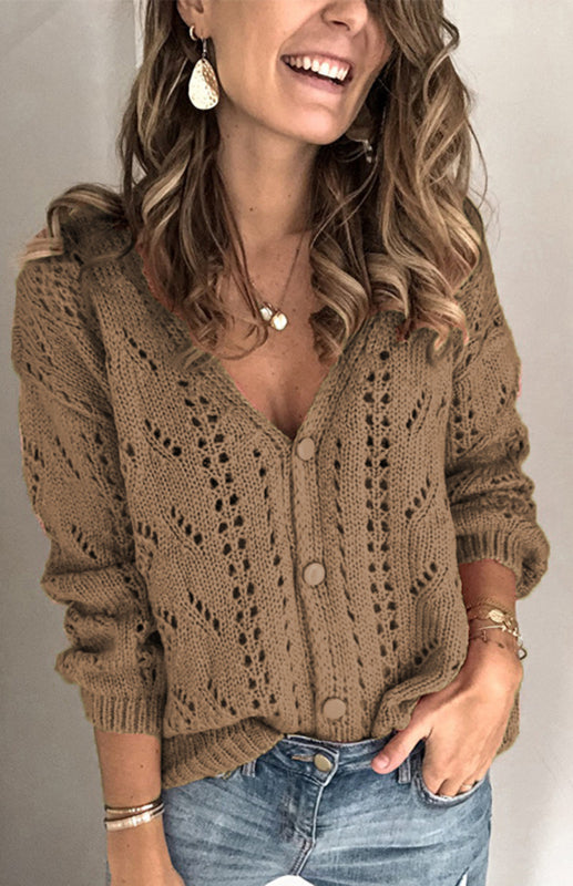 Cardigans- Solid Knitted Openwork Button Up Sweater Cardigan- Coffee- Pekosa Women Clothing