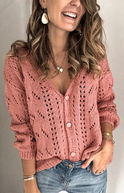 Cardigans- Solid Knitted Openwork Button Up Sweater Cardigan- Pink purple- Pekosa Women Clothing