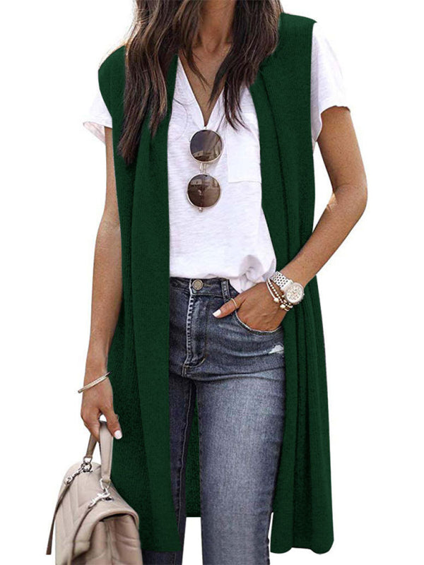 Cardigans- Solid Mid-Length Sleeveless Cardigan Vest with Open Front- Green- Pekosa Women Clothing