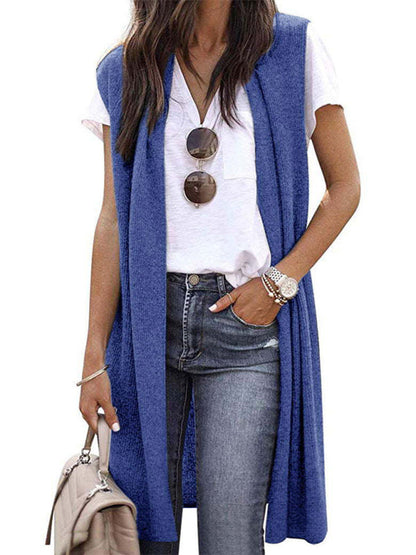 Cardigans- Solid Mid-Length Sleeveless Cardigan Vest with Open Front- Blue- Pekosa Women Clothing