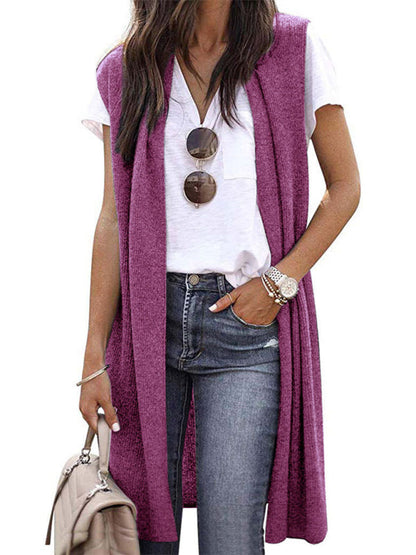Cardigans- Solid Mid-Length Sleeveless Cardigan Vest with Open Front- Rose- Pekosa Women Clothing