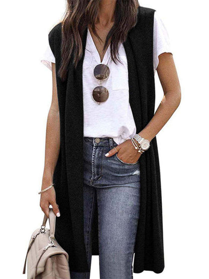 Cardigans- Solid Mid-Length Sleeveless Cardigan Vest with Open Front- Black- Pekosa Women Clothing