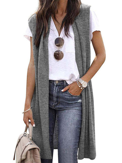 Cardigans- Solid Mid-Length Sleeveless Cardigan Vest with Open Front- - Pekosa Women Clothing