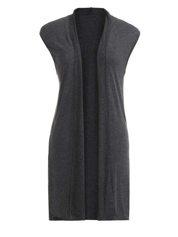 Cardigans- Solid Mid-Length Sleeveless Cardigan Vest with Open Front- - Pekosa Women Clothing