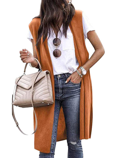 Cardigans- Solid Mid-Length Sleeveless Cardigan Vest with Open Front- Orange- Pekosa Women Clothing
