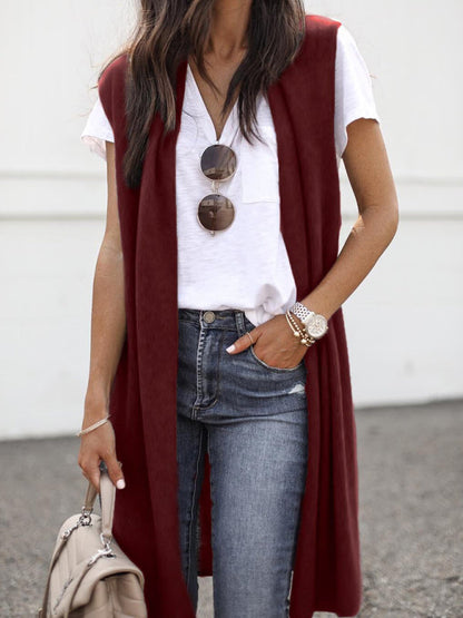 Cardigans- Solid Mid-Length Sleeveless Cardigan Vest with Open Front- Wine Red- Pekosa Women Clothing