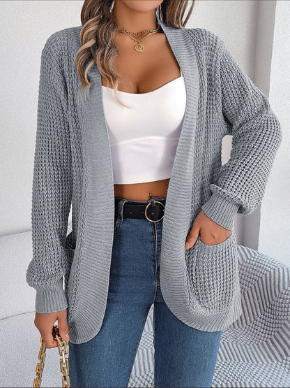 Cardigans- Solid Waffle Knitted Pocket Cardigan- Grey- Pekosa Women Clothing