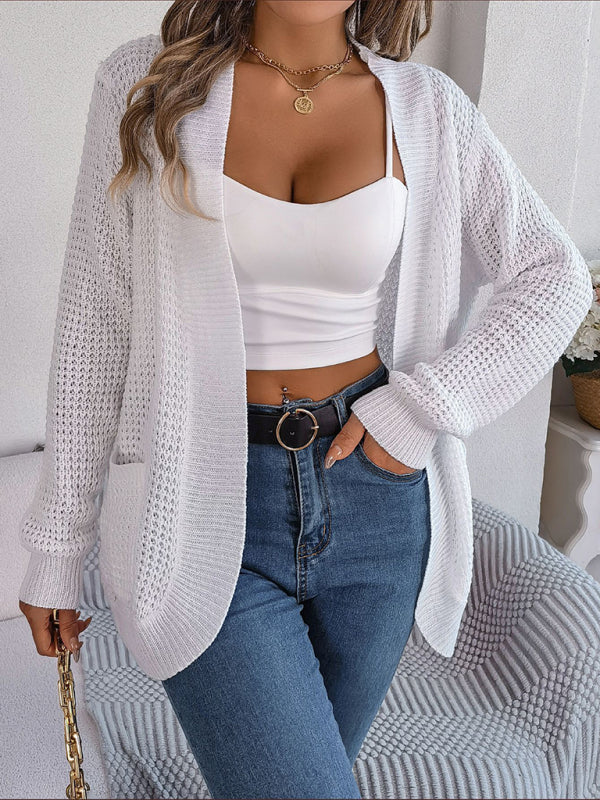 Cardigans- Solid Waffle Knitted Pocket Cardigan- - Pekosa Women Clothing