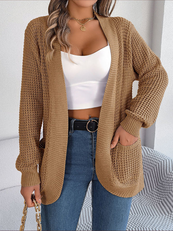 Cardigans- Solid Waffle Knitted Pocket Cardigan- - Pekosa Women Clothing