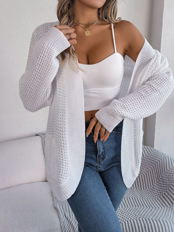 Cardigans- Solid Waffle Knitted Pocket Cardigan- - Pekosa Women Clothing