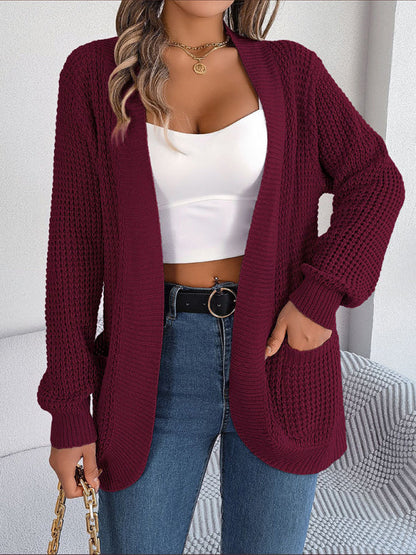 Cardigans- Solid Waffle Knitted Pocket Cardigan- Wine Red- Pekosa Women Clothing