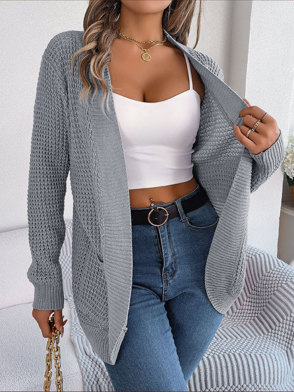 Cardigans- Solid Waffle Knitted Pocket Cardigan- - Pekosa Women Clothing