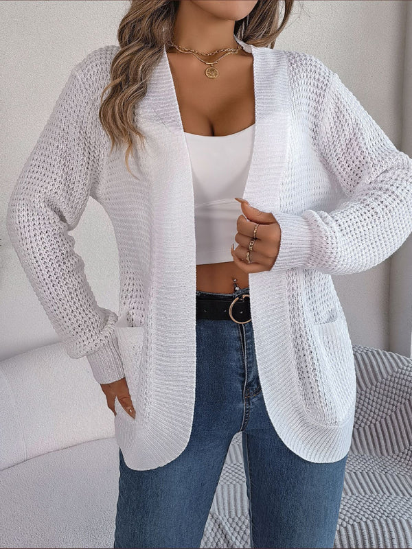 Cardigans- Solid Waffle Knitted Pocket Cardigan- - Pekosa Women Clothing