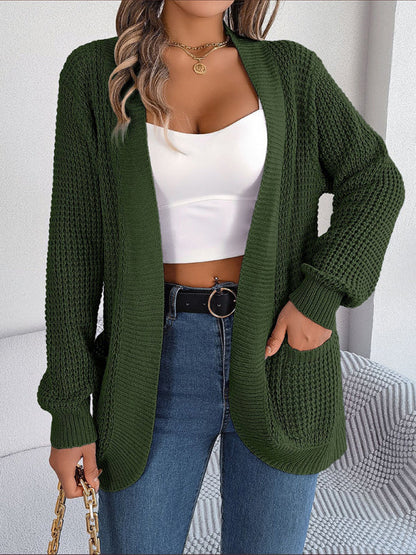 Cardigans- Solid Waffle Knitted Pocket Cardigan- Olive green- Pekosa Women Clothing