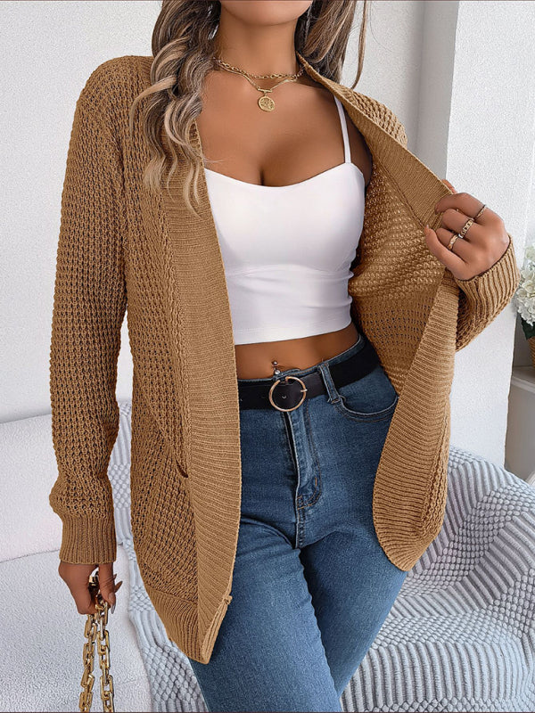 Cardigans- Solid Waffle Knitted Pocket Cardigan- - Pekosa Women Clothing