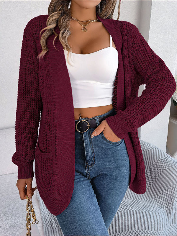 Cardigans- Solid Waffle Knitted Pocket Cardigan- - Pekosa Women Clothing