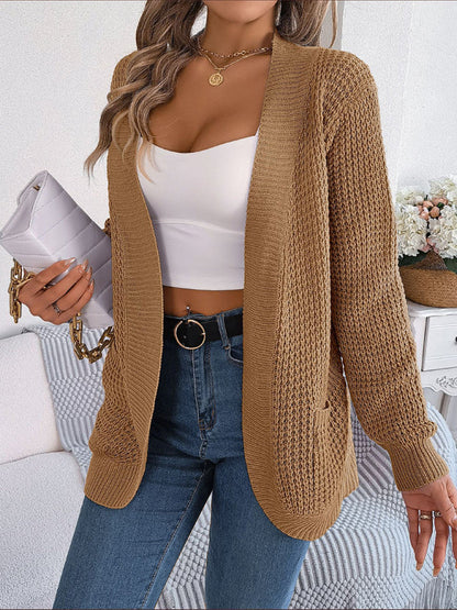 Cardigans- Solid Waffle Knitted Pocket Cardigan- - Pekosa Women Clothing