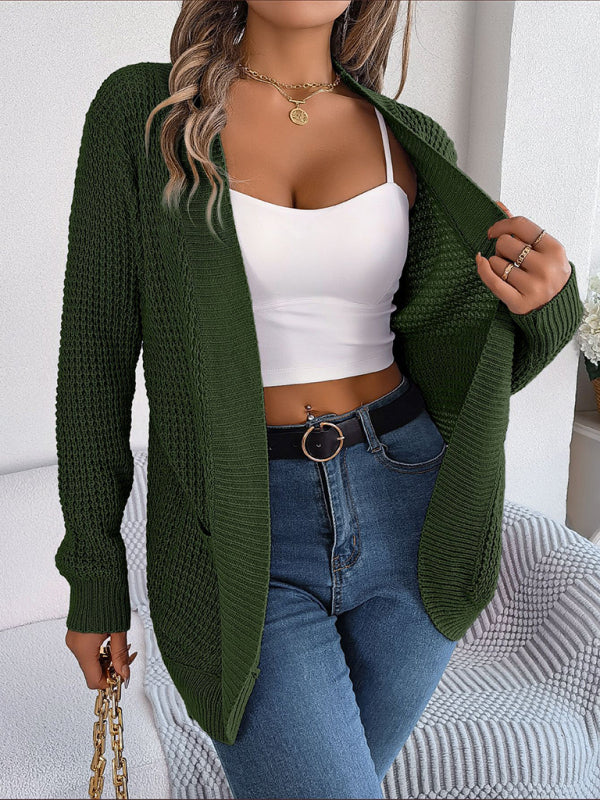 Cardigans- Solid Waffle Knitted Pocket Cardigan- - Pekosa Women Clothing