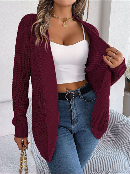 Cardigans- Solid Waffle Knitted Pocket Cardigan- - Pekosa Women Clothing