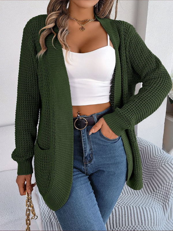 Cardigans- Solid Waffle Knitted Pocket Cardigan- - Pekosa Women Clothing