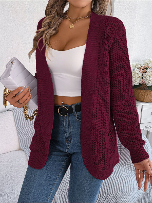 Cardigans- Solid Waffle Knitted Pocket Cardigan- - Pekosa Women Clothing