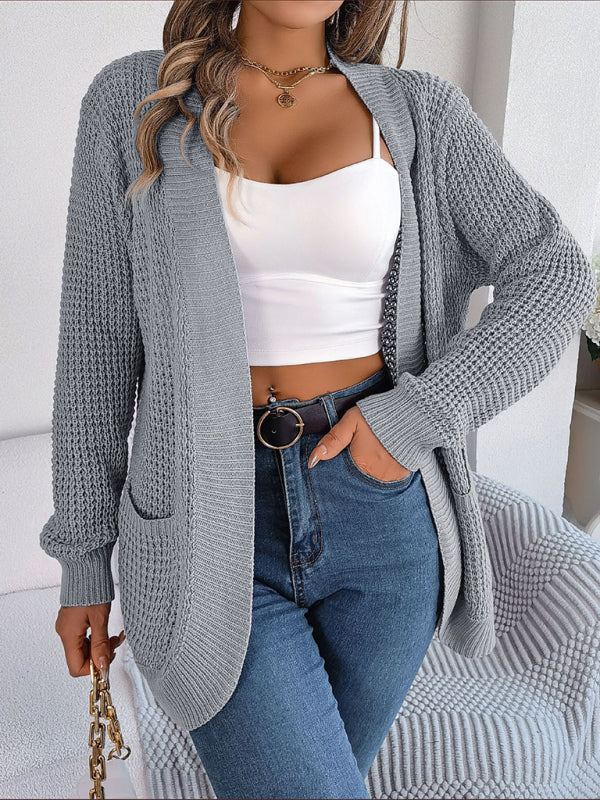 Cardigans- Solid Waffle Knitted Pocket Cardigan- - Pekosa Women Clothing