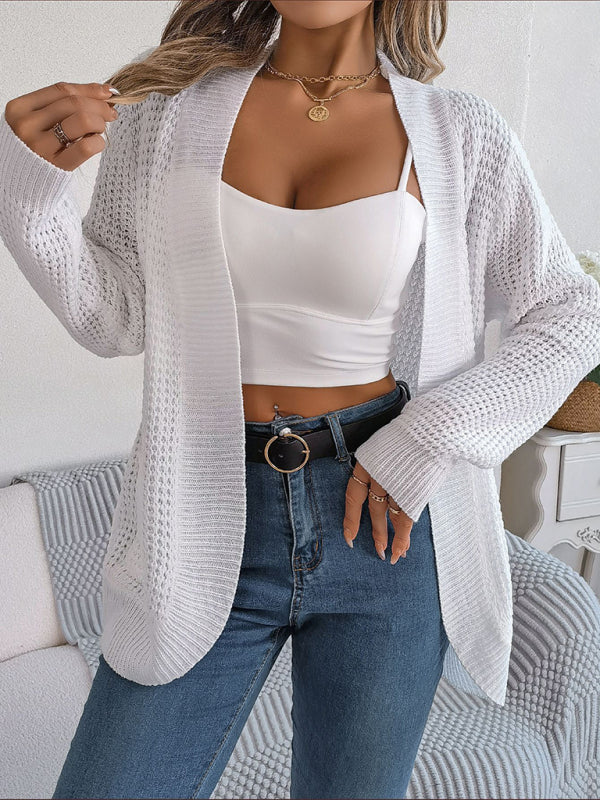 Cardigans- Solid Waffle Knitted Pocket Cardigan- White- Pekosa Women Clothing