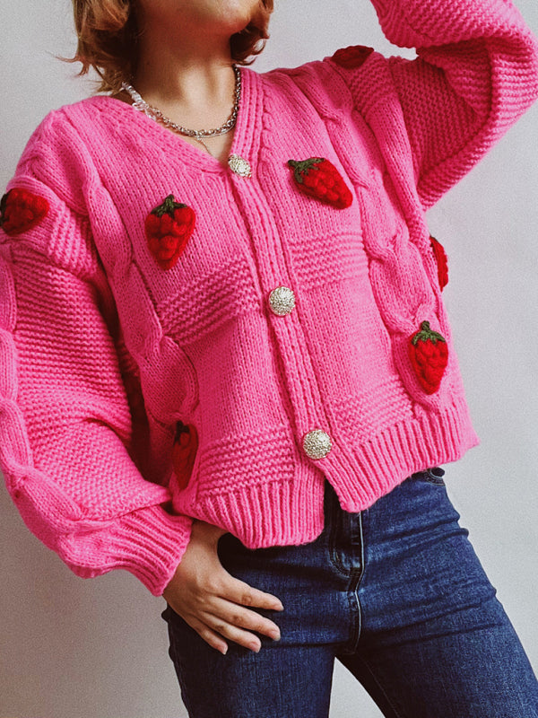 Cardigans- Strawberry Embroidered Cable Knit Button-Up Sweater Cardigan- - Pekosa Women Clothing