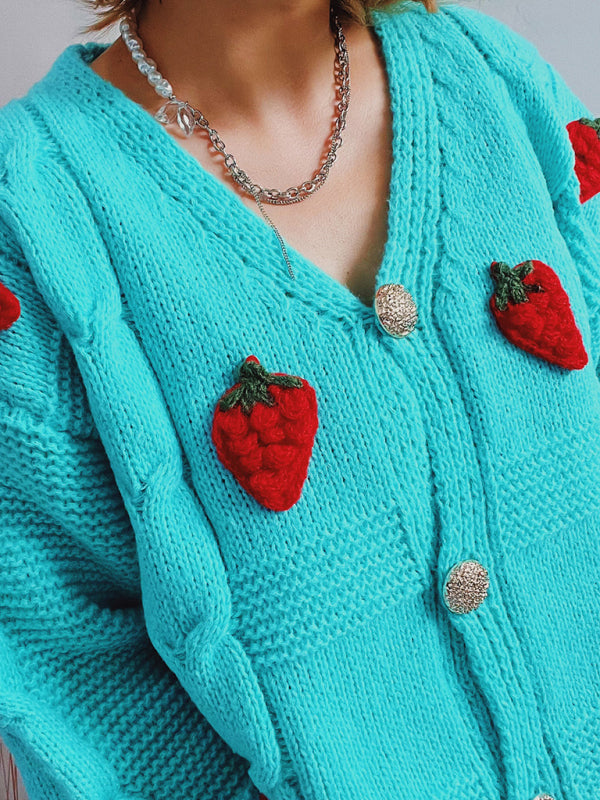 Cardigans- Strawberry Embroidered Cable Knit Button-Up Sweater Cardigan- - Pekosa Women Clothing