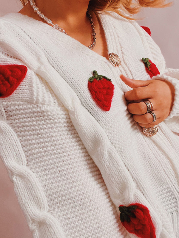 Cardigans- Strawberry Embroidered Cable Knit Button-Up Sweater Cardigan- - Pekosa Women Clothing