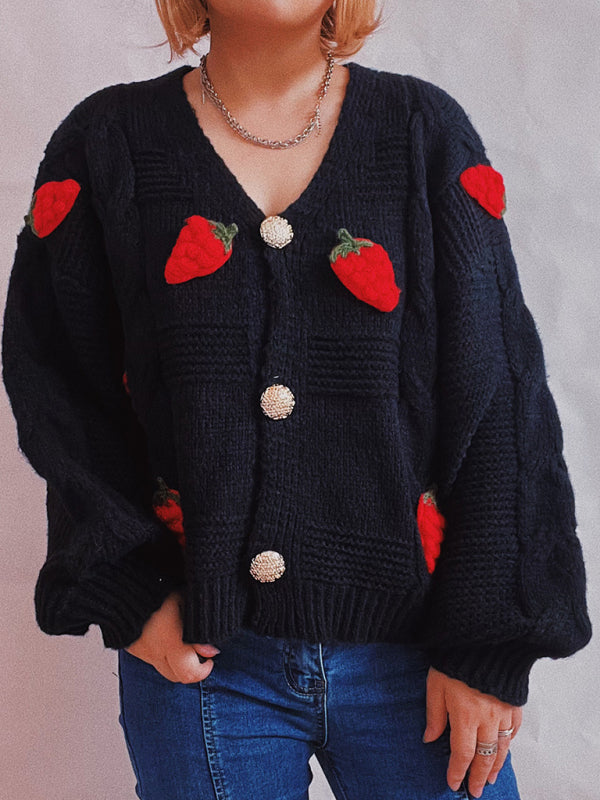 Cardigans- Strawberry Embroidered Cable Knit Button-Up Sweater Cardigan- - Pekosa Women Clothing