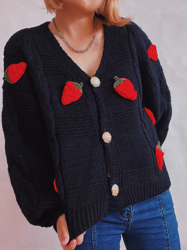 Cardigans- Strawberry Embroidered Cable Knit Button-Up Sweater Cardigan- - Pekosa Women Clothing