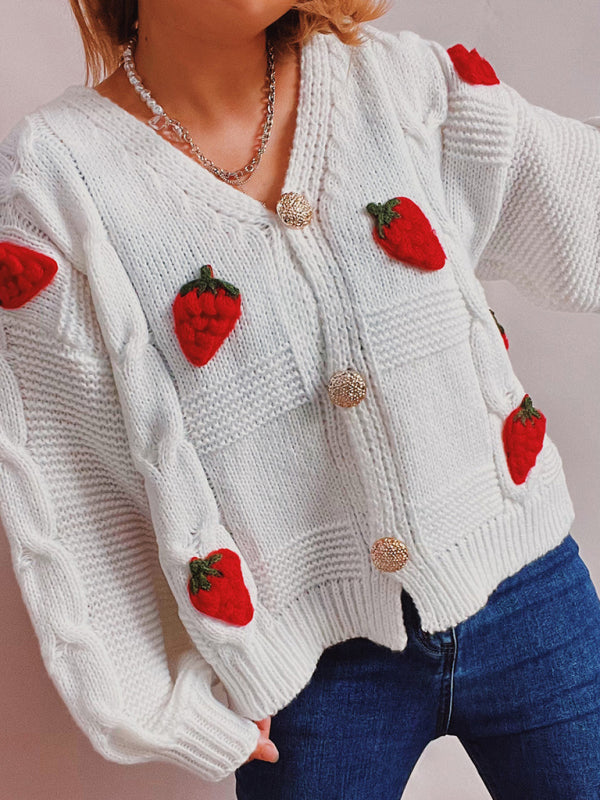 Cardigans- Strawberry Embroidered Cable Knit Button-Up Sweater Cardigan- White- Pekosa Women Clothing