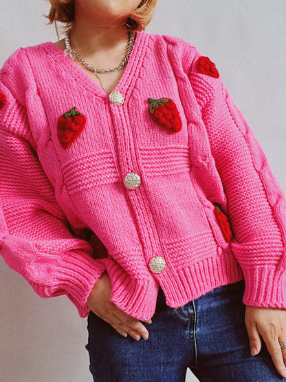 Cardigans- Strawberry Embroidered Cable Knit Button-Up Sweater Cardigan- Pink- Pekosa Women Clothing