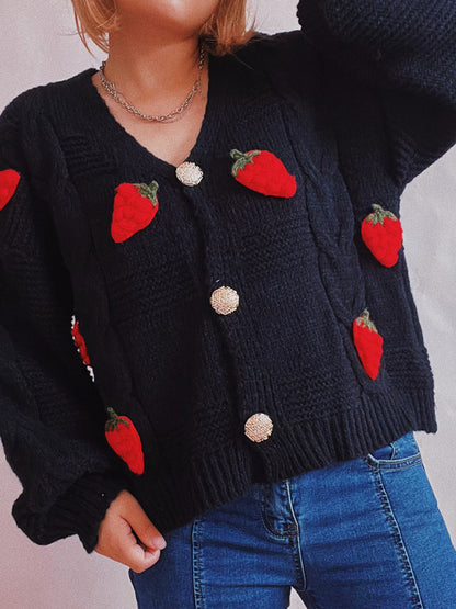 Cardigans- Strawberry Embroidered Cable Knit Button-Up Sweater Cardigan- Black- Pekosa Women Clothing