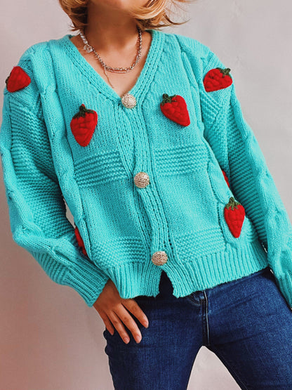 Cardigans- Strawberry Embroidered Cable Knit Button-Up Sweater Cardigan- Blue- Pekosa Women Clothing