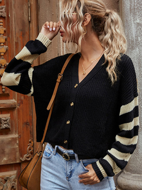 Cardigans- Stripe Knitting Button Sweater Cardigan- - Pekosa Women Clothing