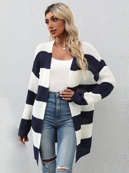 Cardigans- Stripe Waffle Knitted Drop Shoulder Mid-Length Cardigan- - Pekosa Women Clothing