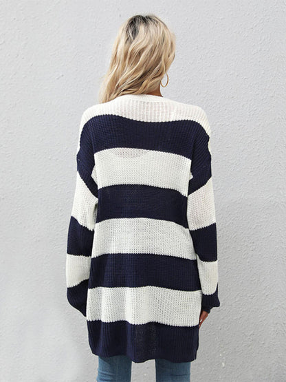 Cardigans- Stripe Waffle Knitted Drop Shoulder Mid-Length Cardigan- - Pekosa Women Clothing