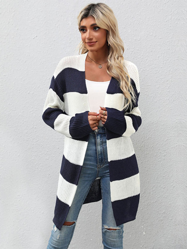 Cardigans- Stripe Waffle Knitted Drop Shoulder Mid-Length Cardigan- - Pekosa Women Clothing