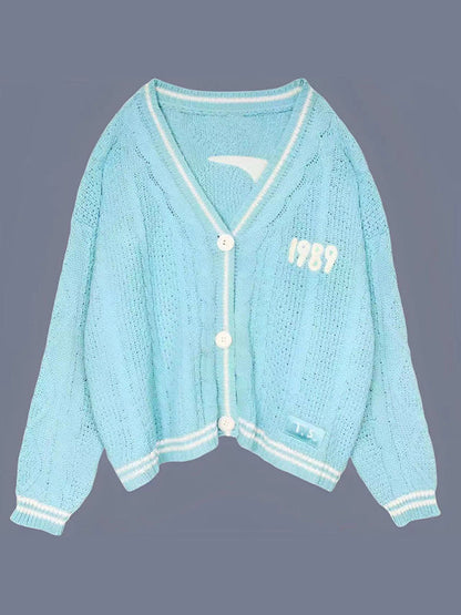 Cardigans- Taylor-Inspired Oversized Button-Up Sweater Cardigan with 1989 Star Embroidery- Sky blue azure- Pekosa Women Clothing