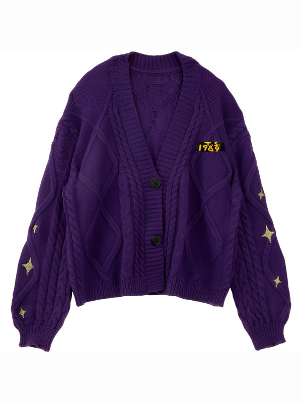 Cardigans- Taylor-Inspired Oversized Button-Up Sweater Cardigan with 1989 Star Embroidery- Purple- Pekosa Women Clothing