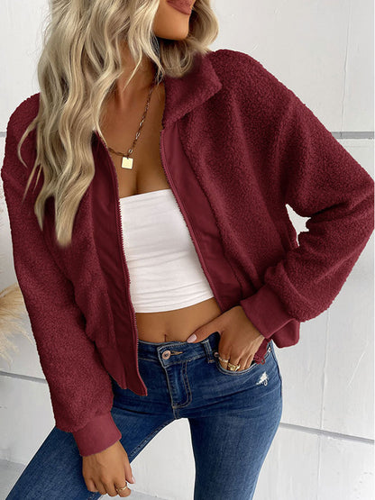 Cardigans- Trendy Zipper Luxe Fur Cardigan: Women's Winter Plush Sweater- Wine red- Pekosa Women Clothing